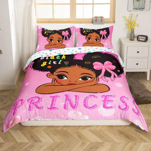 Erosebridal Juego de funda de edredón negra mágica para niñas, tamaño individual, diseño de princesita para niños pequeños, funda de edredón rosa