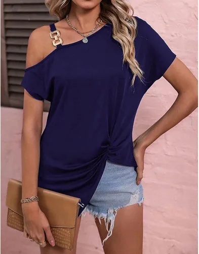 Miniatura 3 de Blusa sexy de manga corta para mujer, con hebilla de metal, asimétrica, con correa de hebilla de metal