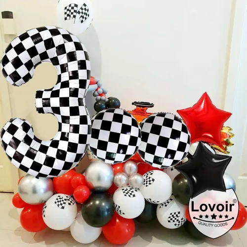 Miniatura 6 de Lovoir Globos gigantes de 40 pulgadas con temática de autos de carreras con el número 3, color negro y blanco para decoración de fiesta de tercer