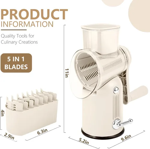 Miniatura 2 de Rallador de queso giratorio con mango: rallador de queso 5 en 1 manivela, base de succión fuerte para frutas y verduras nueces con caja de Blanco