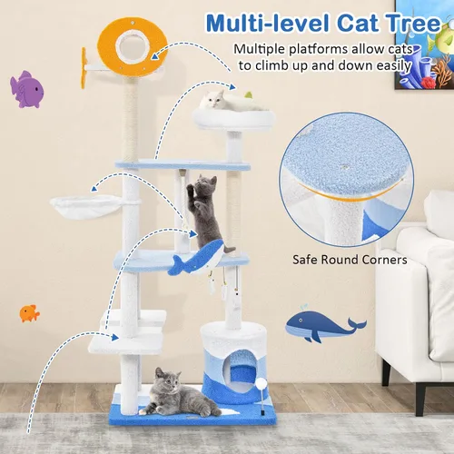 Miniatura 7 de Tangkula Árbol para gatos con temática oceánica, torre para gatos de 3 niveles con postes rascadores de sisal, condominio, perca, hamaca, juguetes
