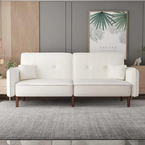 Miniatura 8 de Futón biplaza de 75 pulgadas, sofá cama convertible de terciopelo, moderno con patas de madera, sofá reclinable tapizado plegable, asiento de espuma