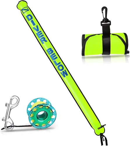 Juego de boya marcador de superficie, tubo de señal inflable de alta visibilidad de 6 pies con tubo de señal de fondo cerrado con carrete de dedo