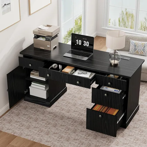 Miniatura 7 de Garvee 60" Office Desk with Storage & Drawers. Fluted Wood Computer Desk with Power Outlet & Adjustable Shelves.Modern Executive Desk for Home