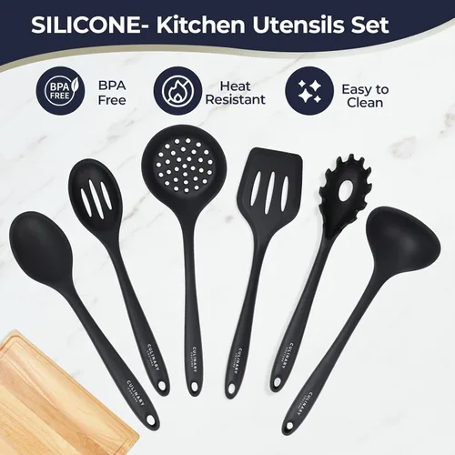 Miniatura 4 de Culinary Couture Juego de 6 utensilios de cocina de silicona negra, antiadherentes, resistentes al calor, con núcleo interior de acero