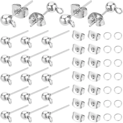 PH PandaHall 300 aretes de bola, de acero inoxidable 304, con parte trasera de aretes de mariposa y anillos abiertos para hacer aretes de joyería