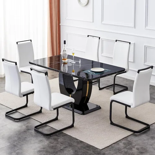 Miniatura 28 de Juego de 6 sillas de mesa de comedor para 6, juego de 6, moderno juego de comedor con mesa de comedor de mármol de 63 pulgadas, sillas tapizadas