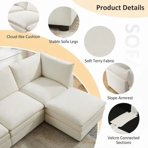 Miniatura 6 de VANOMi Sofá Seccional Modular Cloud de 127" para Sala de Estar, Sofá Cama Moderno de Gran Tamaño con Asiento Profundo y Otomana de Cojín Grueso