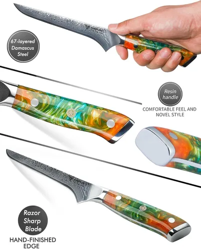 Miniatura 3 de Cuchillo de filete de 7 pulgadas, VG10 Damasco cuchillo para deshuesar peces con mango de resina - Serie Xuan (naranja fantasía)