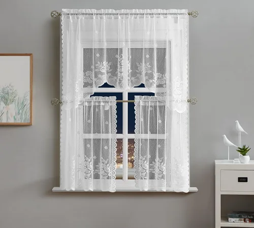 Miniatura 11 de Warm Home Designs El paquete de 3 cortinas de lino dorado para ventana de cocina incluye 2 niveles de 24 pulgadas y cenefa con festón. Juego