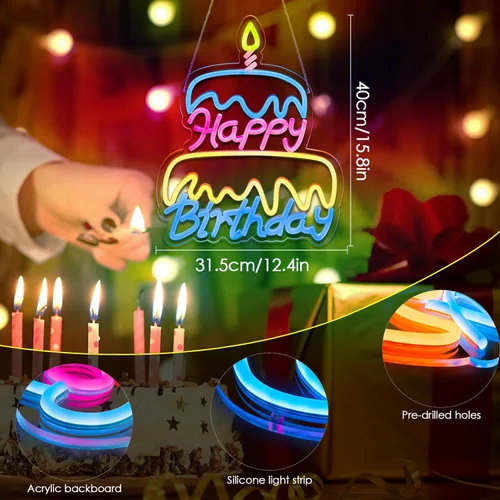 Miniatura 2 de Letrero de neón con luces LED de neón de feliz cumpleaños, letrero de neón rosa para dormitorio, letrero LED alimentado por USB, para decoración