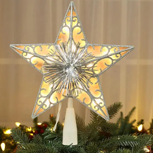 Miniatura 10 de Brizled Estrella para Copa del Árbol de Navidad de 9.5", Copa Plateada con Purpurina, Adorno 3D para Árbol de Navidad con 10 Luces, Certificado UL