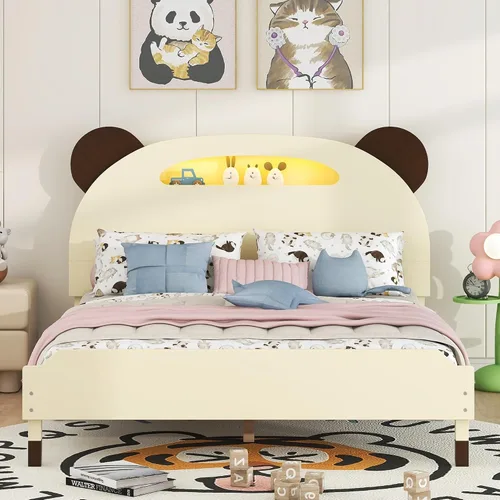 Miniatura 14 de Cama de plataforma de madera de tamaño individual con cabecero y estribo en forma de oso, sin ruido, para niños, adolescentes, niños y niñas,