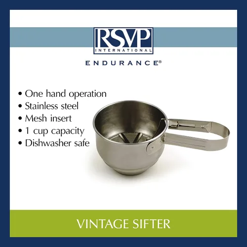 Miniatura 9 de RSVP International Endurance® - Tamiz vintage de acero inoxidable con una sola mano, 1 taza, para tartas superiores, tamizar harina, adobo