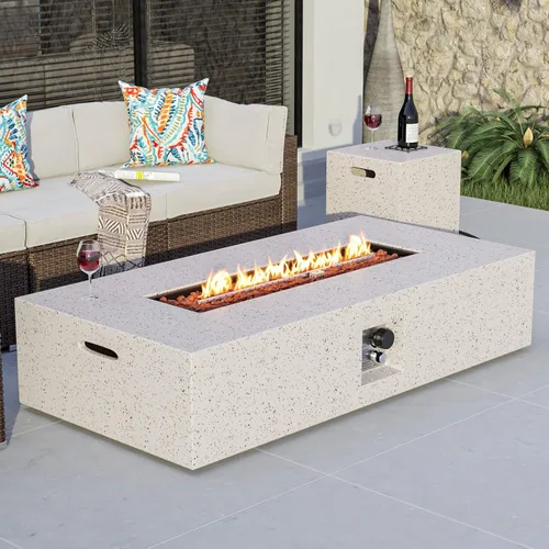 Miniatura 32 de COSIEST mesa cuadrada de propano para exteriores de arenisca con protector contra el viento, certificada, quemador de acero inoxidable de 50,000
