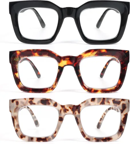 DXYXYO Paquete de 3 lentes de lectura cuadrados para mujer, elegante marco grueso, bisagra de resorte, bloqueo de luz azul