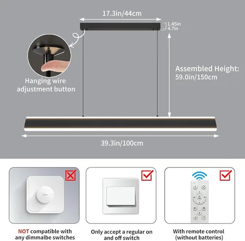 Miniatura 6 de Lámpara de araña moderna, lámpara colgante LED de 39 pulgadas con control remoto de 3000 a 6500 K, temperatura de color ajustable, lámpara