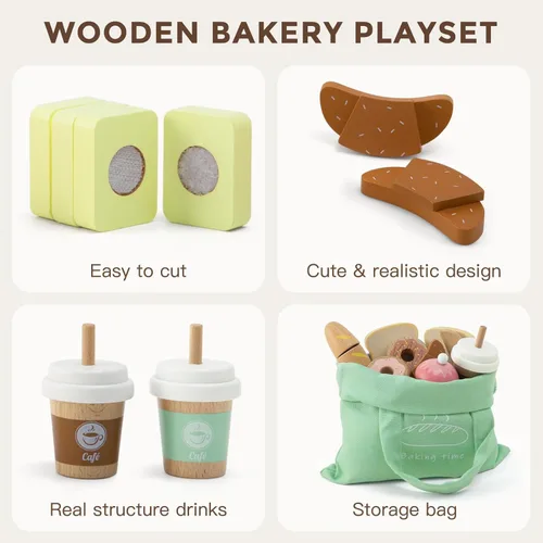Miniatura 4 de 17 piezas de juego de alimentos de juguete de panadería de madera para niños, juego de alimentos de picnic de simulación para niños de 3 años
