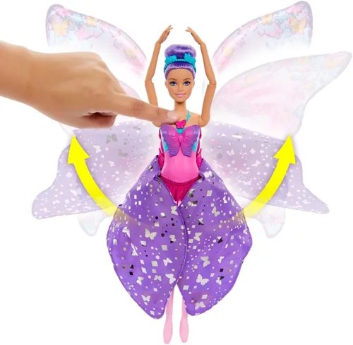 Miniatura 7 de Barbie Muñeca Dance and Flutter con transformación 2 en 1 de bailarina a mariposa con alas de apertura, cabello morado, tocado y tutú extraíble