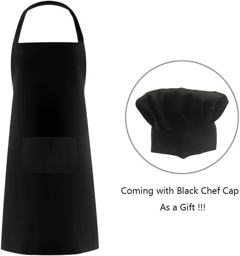 Miniatura 7 de Juego de sombrero y delantal de chef negro, delantal con babero en tamaño grande y sombrero de chef, babero para cocinar a la parrilla, delantal