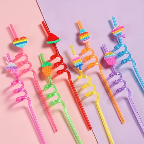 Miniatura 2 de 24 pajitas de plástico para beber para fiestas de cumpleaños, 8 diseños de Pop Fidget ideales para suministros de fiesta pop con 2 cepillos