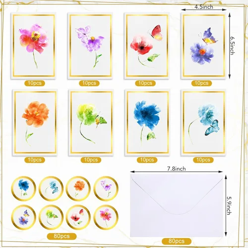 Miniatura 2 de Colarr 80 juegos de tarjetas florales en blanco a granel de 4 x 6 pulgadas, tarjetas de felicitación de flores silvestres de acuarela con sobres