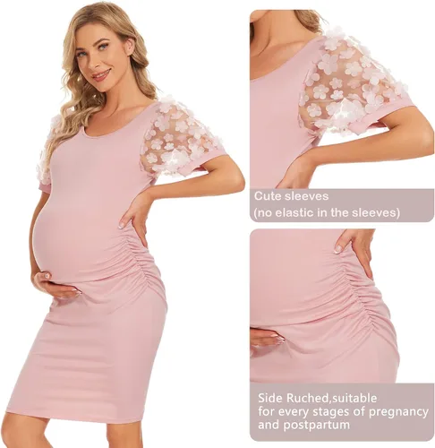 Miniatura 5 de Vestido midi de maternidad de manga larga con malla floral, vestido ajustado de maternidad para baby shower, sesión de fotos