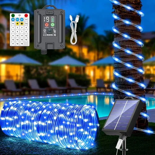 Miniatura 10 de Nuevas luces de cuerda solares mejoradas para exteriores, impermeables, 32m, 300 LED, luces de tira solares con control remoto, temporizador
