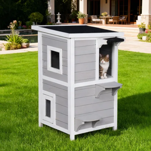Miniatura 2 de Casa para gatos al aire libre de 2 pisos con puerta de escape, refugio para gatos feral, resistente a la intemperie para exteriores, techo