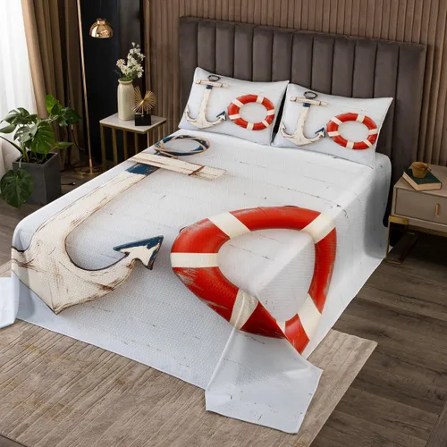 Miniatura 25 de Erosebridal Juego de colcha náutica, juego de edredón de lancha de vela, faro, acuarela con temática oceánica, juego de ropa de cama de verano