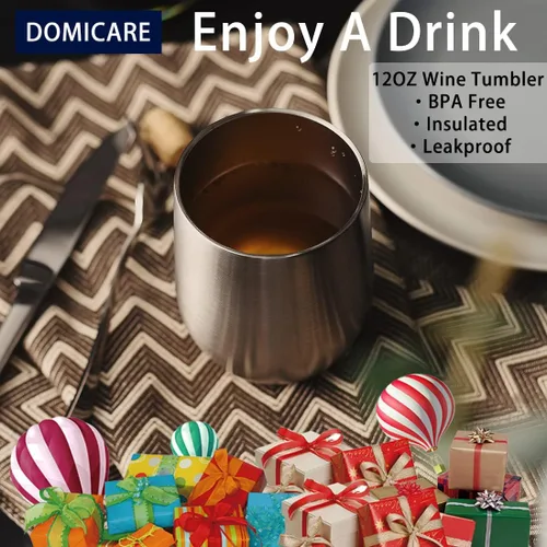 Miniatura 6 de DOMICARE - Juego de 4 vasos de vino de 12 onzas con tapa, hechos de acero inoxidable con aislamiento al vacío de doble pared, color acero inoxidable