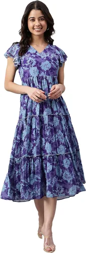 Janasya Vestido occidental acampanado con estampado floral azul para mujer, Azul