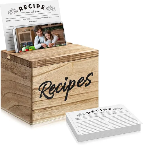 Hoteam Caja de Recetas de Madera con Tarjetas, Soporte para Tarjetas de Recetas de Madera Rústica con 50 Piezas, Juego de Tarjetas de 5 x 7, Caja de