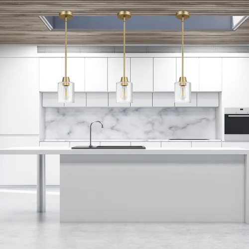 Miniatura 6 de Paquete de 3 luces colgantes de latón para isla de cocina, lámpara moderna dorada de cristal transparente, varillas ajustables con múltiples
