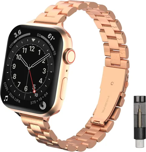 Correas de metal delgadas y sólidas compatibles con Apple Watch Band Series 9 8 7 6 5 4 3 2 1 SE Ultra, 1.496 pulgadas, 1.575 pulgadas, 1.614 Oro