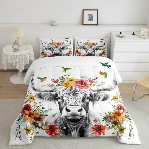 Miniatura 18 de Erosebridal - Juego de funda de edredón con flores de vaca de las Highlands, tamaño Queen, diseño de toro, juego de ropa de cama de ganado vacuno