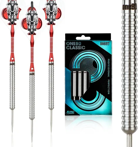 Miniatura 7 de ONE80 - Dardo de punta de acero profesional de tungsteno 90% VHD, estilo barril con vuelos extra, ejes y sacapuntas, caja de regalo con empaque