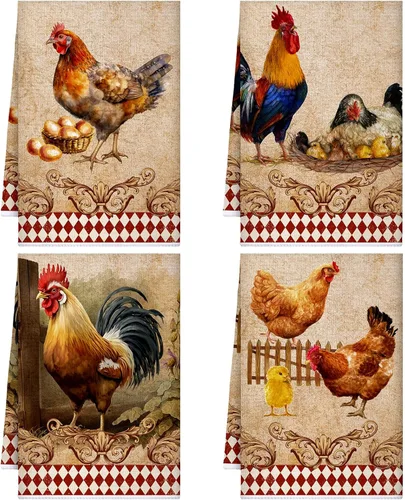 Miniatura 10 de Geyoga 4 toallas de cocina de pollo, gallo, toallas de mano con animales de granja, vaca, vintage, rústico, paño de té para primavera, Pascua, baño