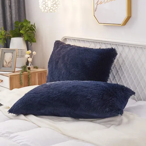 Miniatura 29 de Juego de 2 fundas de almohada estándar de piel sintética de terciopelo suave, fundas de almohada decorativas con cierre de cremallera