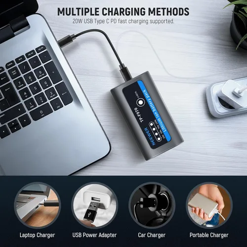 Miniatura 9 de Neewer Batería de repuesto NP-F970 de 10500 mAh, tiempo de carga completa de 4.8 horas, cable USB C de carga rápida PD de 20 W, batería recargable
