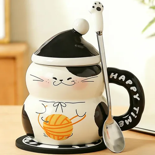 Miniatura 8 de Disoza Taza de Gato con Tapa Regalo de Gato Taza de Té de Cerámica con Cuchara Taza de Té de Café 400 ML Taza de Navidad Regalo de Cumpleaños