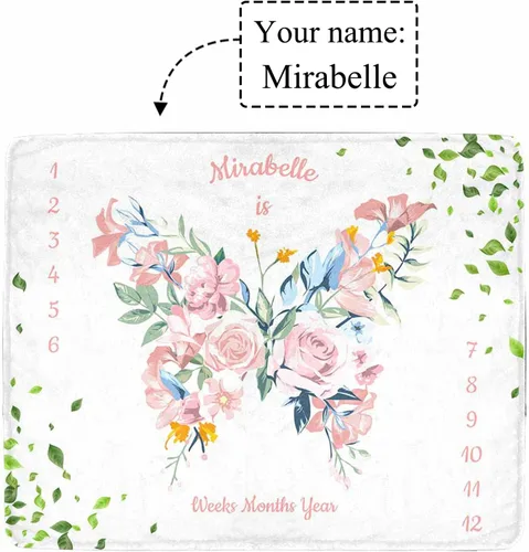 Miniatura 2 de Manta de hito para bebé personalizada con nombre, manta personalizada de flores en forma de mariposa con tabla de crecimiento calendario, manta