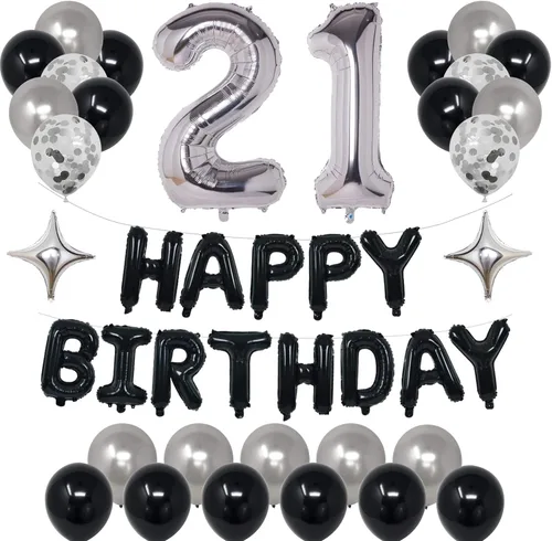 Miniatura 32 de Decoraciones de fiesta de cumpleaños color negro y plateado para niños y niñas, suministros de fiesta de cumpleaños número 14 con pancarta negra