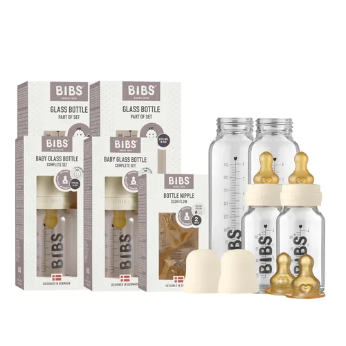 Miniatura 13 de BIBS Biberón de vidrio para bebé. Anticólico. Tetilla de látex de goma natural redonda. Respalda la lactancia natural, Juego completo - 225 ml, Azul