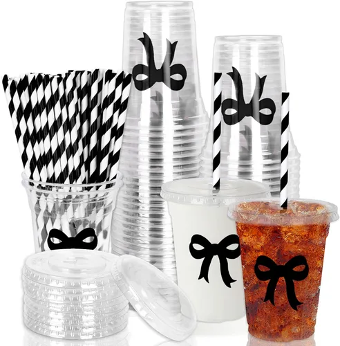 Miniatura 28 de Whaline 50 vasos de plástico desechables patrióticos de 12 onzas con tapas y pajitas con la bandera estadounidense del 4 de julio, vasos