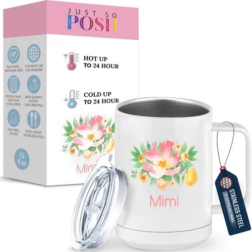 Miniatura 20 de Just So Posh Abuela Flowers - Vaso de café con asa y tapa deslizante, color blanco de 15 onzas, color camello polar, acero inoxidable, aislado al