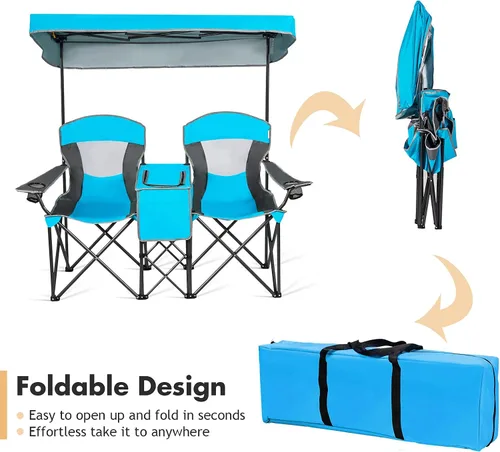 Miniatura 3 de DORTALA Silla de camping doble con toldo, silla de playa plegable para 2 personas con toldo para dosel, soporte para bebidas y bolsa de Azul