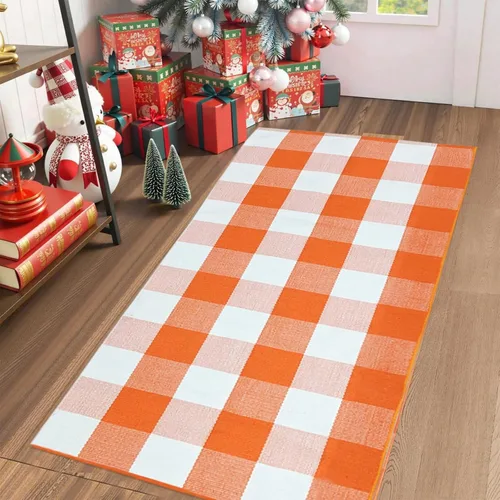 Miniatura 5 de USTIDE - Alfombra de algodón de lana cuadriculada, alfombras de cuadros naranja y blanco, 2'x4'3", alfombras tejidas a mano