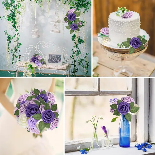 Miniatura 5 de AmyHomie Serie de flores artificiales, 25 rosas falsas de aspecto real con tallo para ramos de boda, centros de mesa, arreglos de fiesta, baby