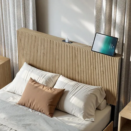 Miniatura 5 de Evermagin Base de cama flotante de tamaño matrimonial con cabecero, cama de plataforma acanalada bohemia con luces LED, marco de cama flotante